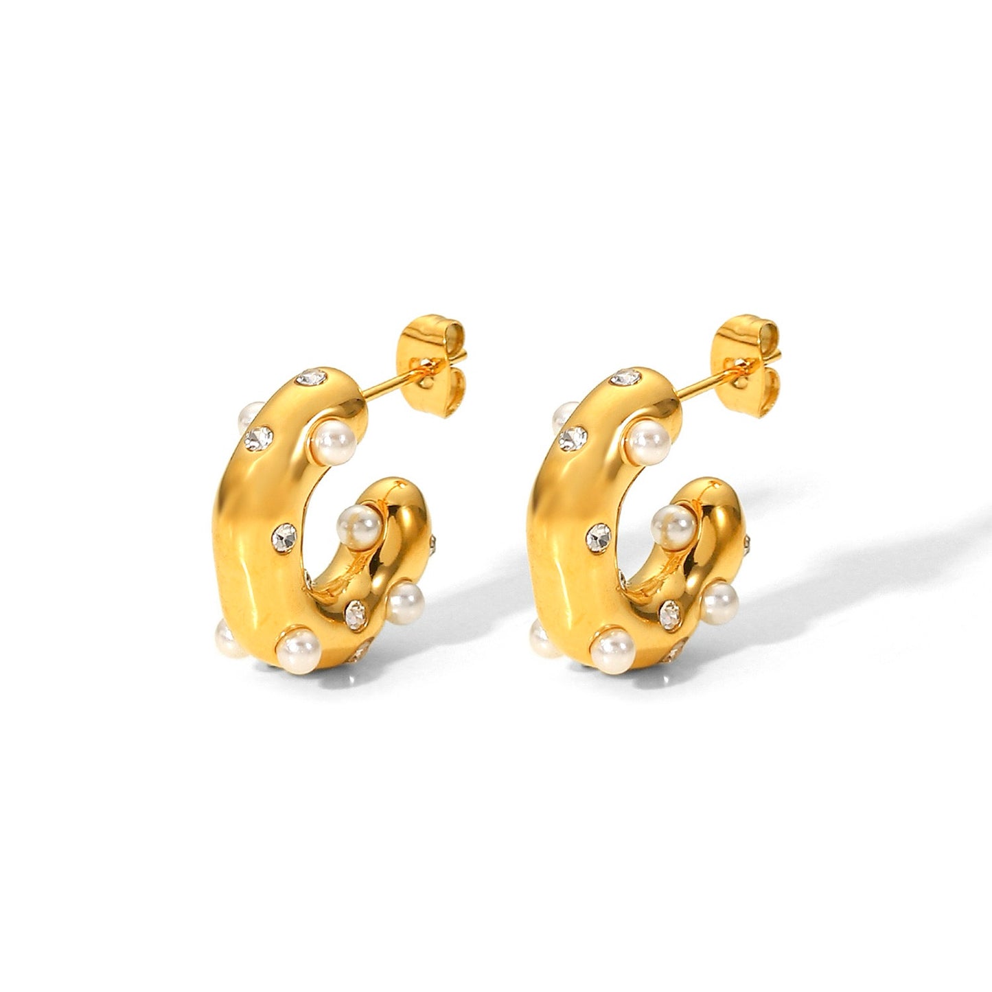 RHINESTONE PEARL C SHAPE EAR STUDS