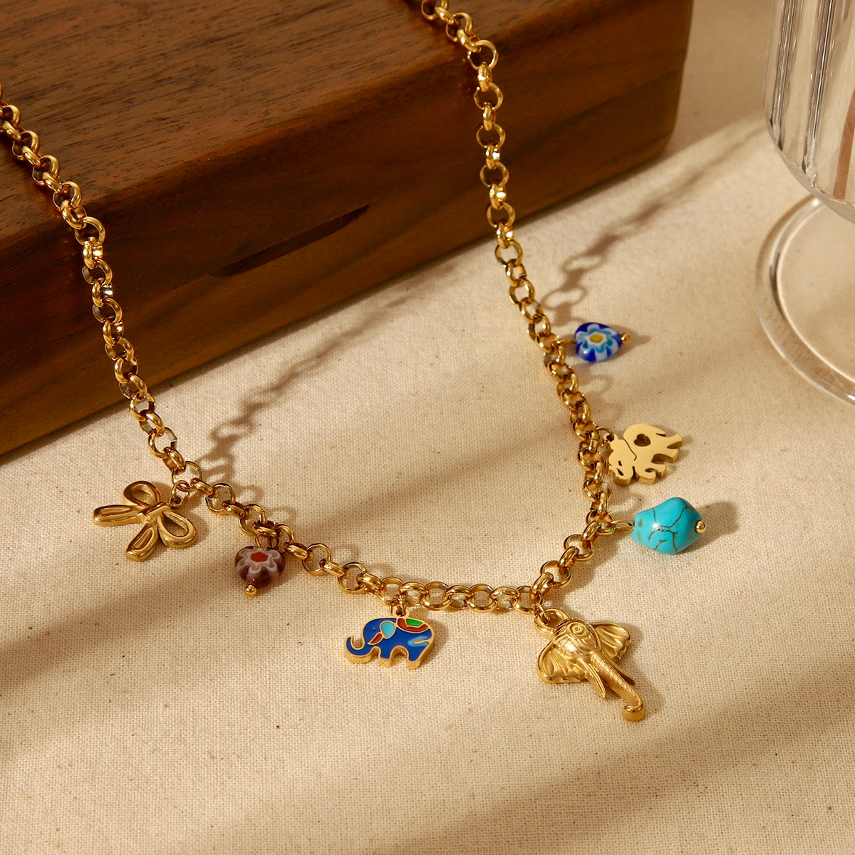 ELEPHANT INLAY CHARMS PENDANT NECKLACE