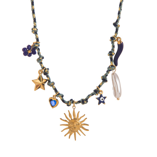 CORD IN CHAIN MULTI CHARMS NECKLACE