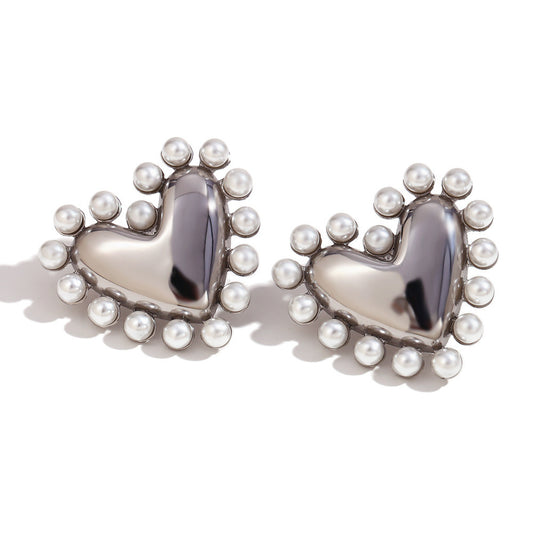 GLOSSY LOVE HEART STUD EARRINGS (SILVER)